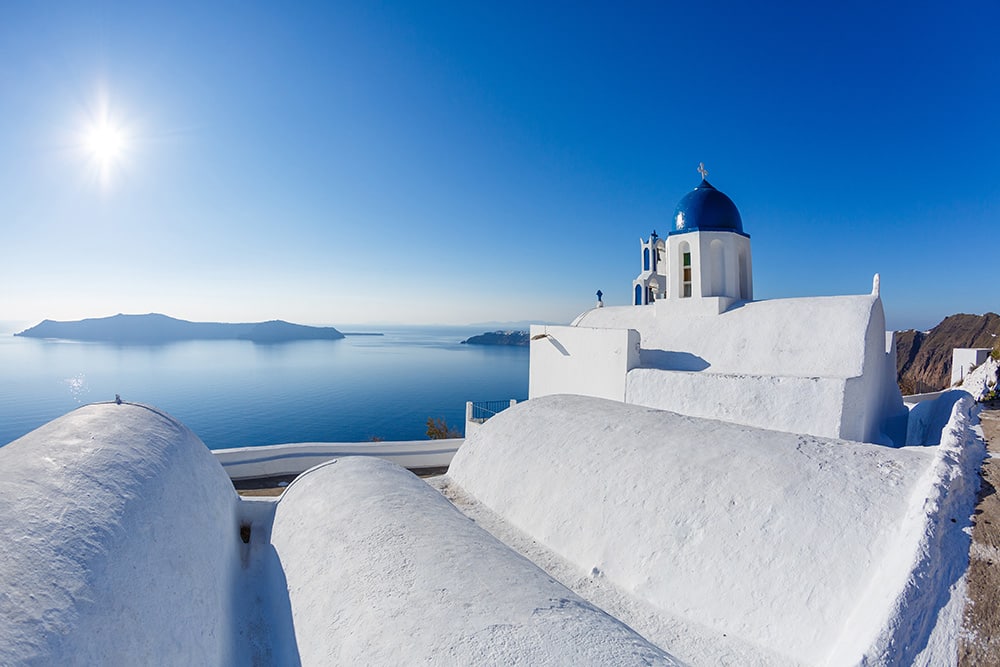 Church overlooking the Mediterranean sea, Santorini, Greece Church overlooking the Mediterranean sea, Santorini, Greece